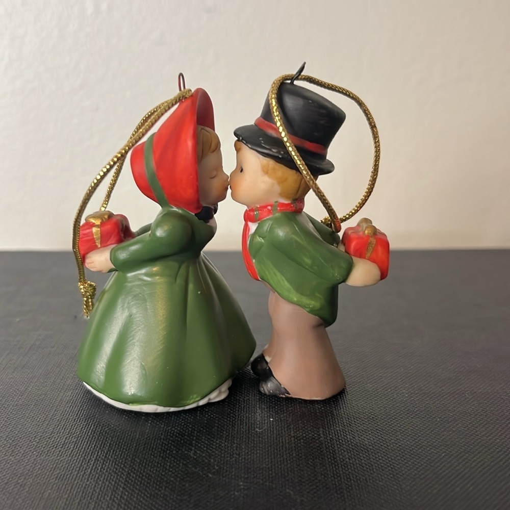 Vintage Enesco Bisque Porcelain Edwardian Kissing Couple Christmas Ornaments